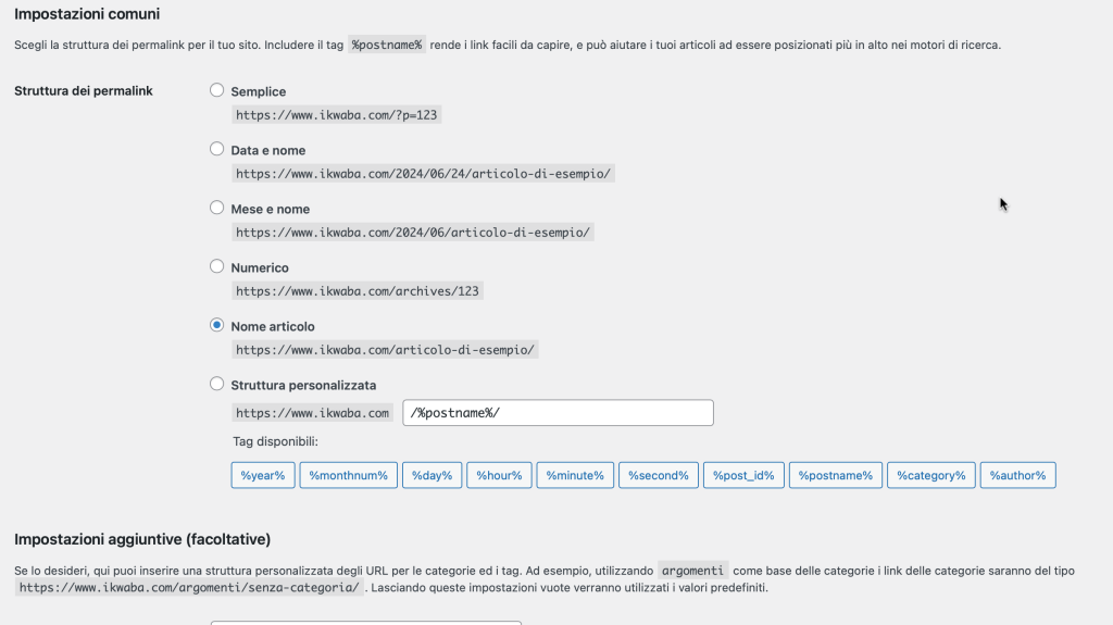 configurazione permaliens creare sito wordpress