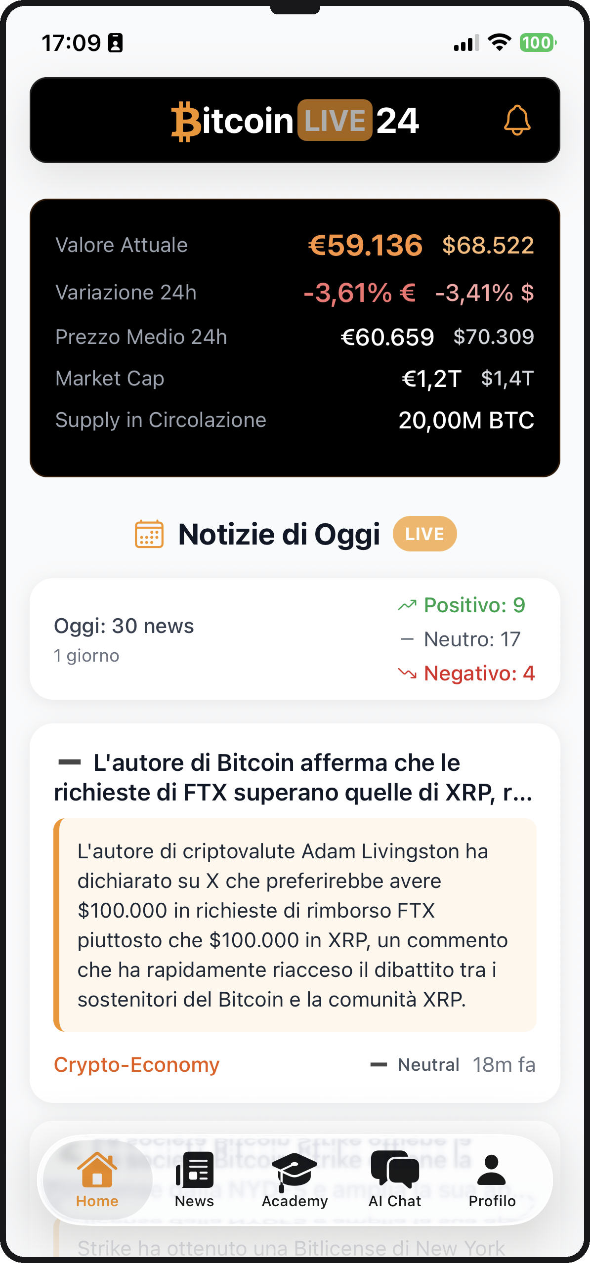 App BitcoinLive24 su iPhone - home con prezzo Bitcoin live, market cap e notizie del giorno con analisi sentimento