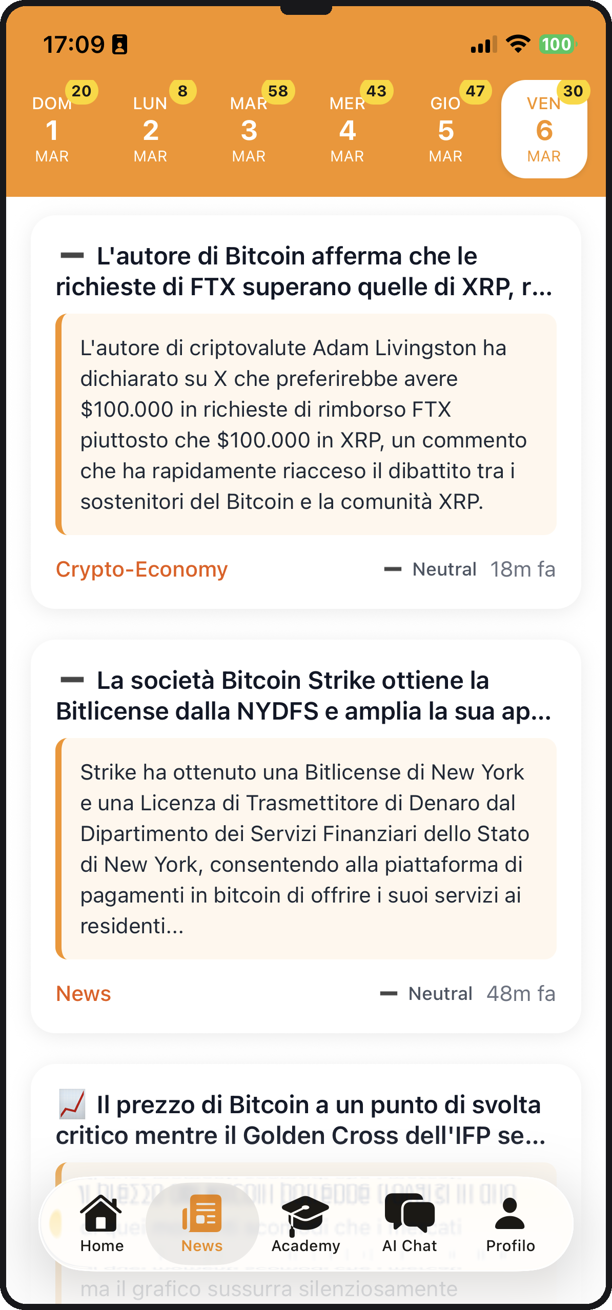 App BitcoinLive24 su iPhone - feed notizie crypto tradotte in italiano con filtro per giorno