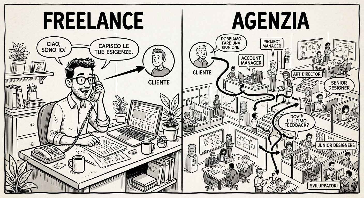 Freelance vs Agenzia: confronto cartoon tra comunicazione diretta del freelance e gerarchia aziendale