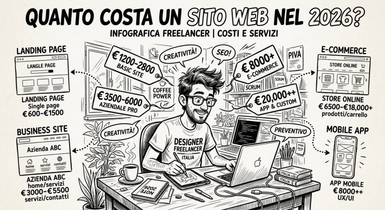 Quanto costa un sito web nel 2026: infografica cartoon con prezzi reali di un freelance WordPress in Italia