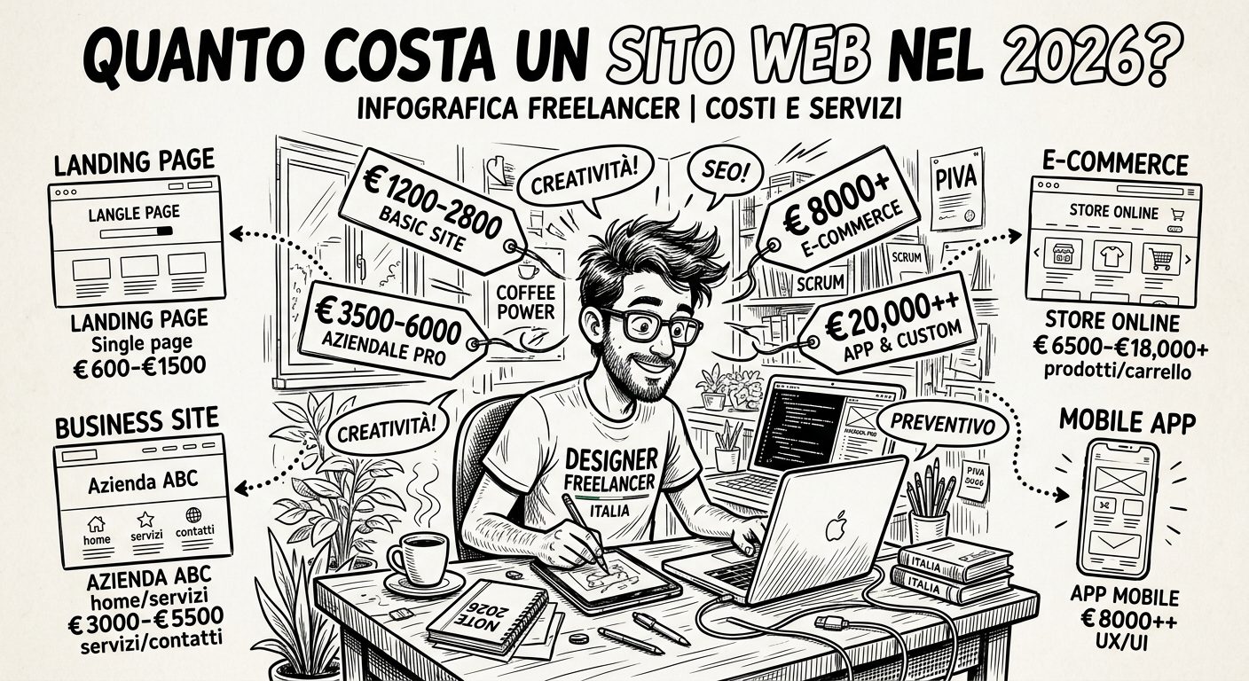 Quanto costa un sito web nel 2026: infografica cartoon con prezzi reali di un freelance WordPress