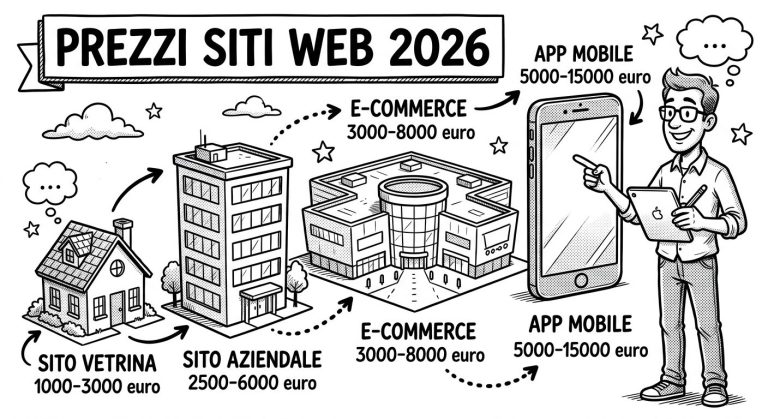 Prezzi siti web 2026: confronto costi tra sito vetrina, aziendale, e-commerce e app mobile