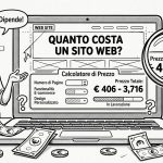 Quanto costa un sito web: illustrazione cartoon con calcolatore di prezzo, euro e lente di ingrandimento