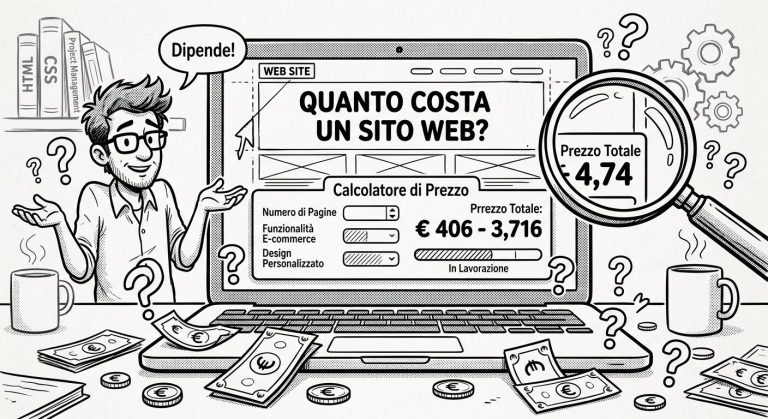 Quanto costa un sito web: illustrazione cartoon con calcolatore di prezzo, euro e lente di ingrandimento
