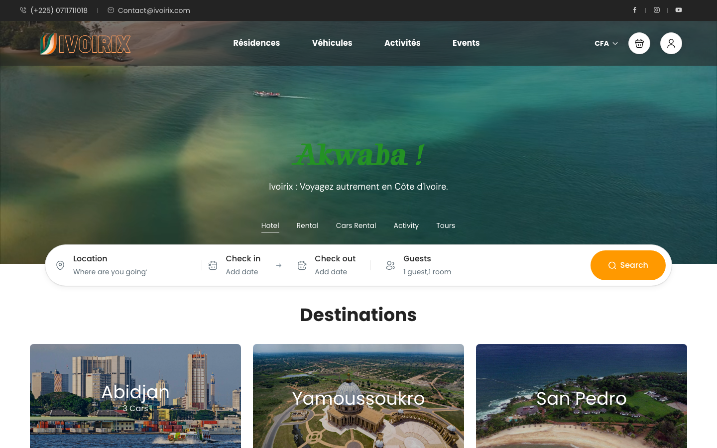 Ivoirix - Homepage con ricerca e destinazioni